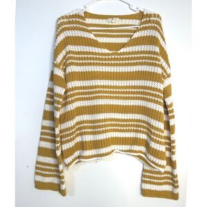 Me by Jennie Garvey Sweater Womens Medium Yellow White Striped Crochet V-Neck